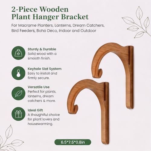 2 Pack Wooden Plant Hanger Bracket 7.5 Inch, Solid Wood Wall Hooks for Macrame Plant Hangers, Lanterns, Bird Feeders, Dream Catchers, Boho Indoor Outdoor Decor, Housewarming Gift - Image 2