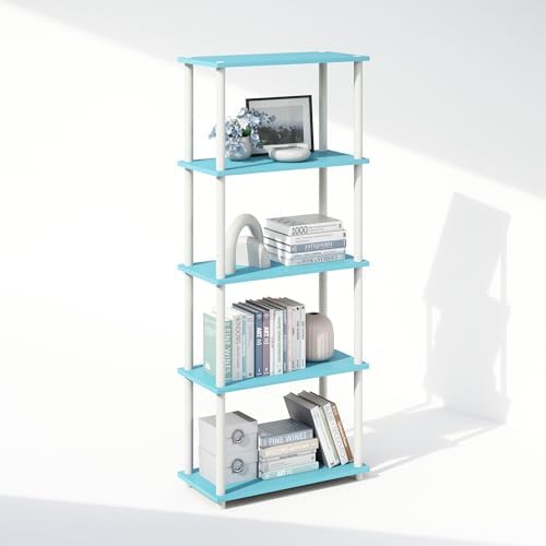 Furinno Turn-N-Tube Book Shelf, 5-Tier Bookshelf, Bookcase with Multipurpose Compact Display Rack, 11.6 x 23.6 x 57.4, for Living Room, Bedroom, Home Office, Light Blue/White by Furinno-FitsYourSpaceFitsYourBudget