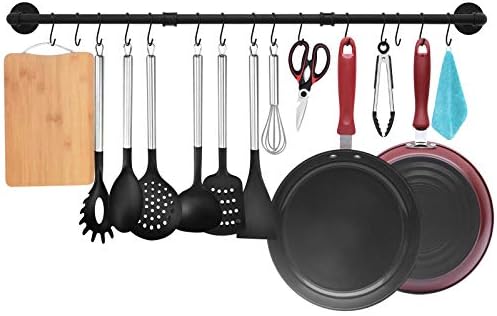 TLBTEK 50 inch Black Pipe Pot Bar Rack Wall Mounted Detachable Pans Hanging Rail Kitchen Lids Utensils Hanger Holders with 15 S Hooks by TLBTEK