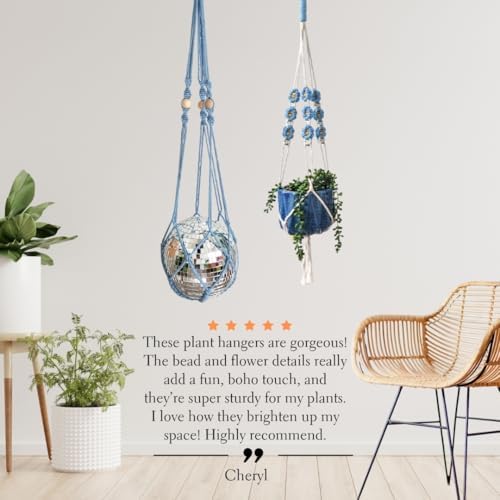 Set of 2 Macrame plant hanger with Daisies & Beads | Hanging plant holder Macrame Plant hangers outdoor and indoor hanging planters Plant stand indoor Boho Decor hanging planter stand (Cloudy Day) - Image 3