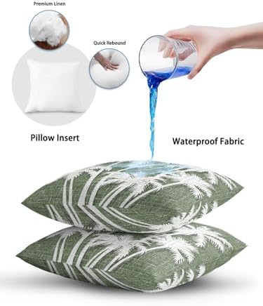 Throw Pillows 18x18 Set of 2, Tropical Palm Tree Waterproof Outdoor Pillow Covers with Insert, Vintage Moss Green Exotic Botanical Plants Decorative Pillowcase Cushion for Patio, Garden, Couch - Image 6