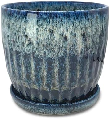 Ceramic Pots for Plants, 6in Ceramic Planters for Indoor Plants, Flower Pots with Drainage and Saucer, Reactive Glaze Blue by ChraljiGIFTWARE
