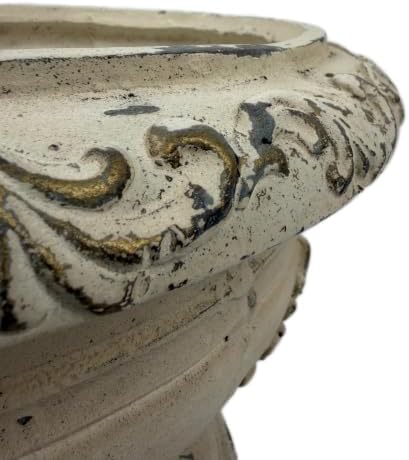 13" H X 18" W MGO Grecian Urn Planter, Large Low-Profile Lightweight Concrete Pedestal Pot, Ornate Stone-Look Garden Bowl with Drainage Hole, Outdoor Flower Pot for Entryway & Porch, Antique White - Image 3