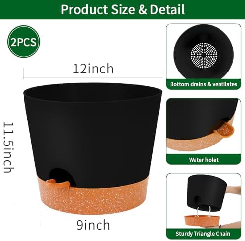 GARDIFE 12 inch Plant Pots, planters,Self Watering Pots, 2 Pack Large Plastic Flower pots with Deep Reservior and High Drainage Holes for Indoor Outdoor Plants and Flowers, Black - Image 2