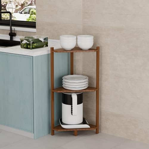 Wisuce Bamboo Small Corner Shelf Stand, 3-Tier Brown Corner Bookshelf - Image 6