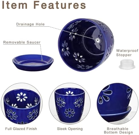 Oairse 6 inch Orchid Pots with Holes, Royal Blue Ceramic Orchid Pot for Repotting Small Indoor Plant Pots with Drainage Holes and Saucers Decorative Flower Planter for Orchids, Indoor Plant - Image 2