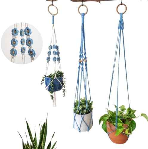Set of 3 Macrame plant hangers with Daisies & Beads Hanging plant holder Macrame Plant hangers outdoor and indoor hanging planters Plant stand indoor Boho Decor hanging planter stand (Cloudy Day) by HandmadeByUruba