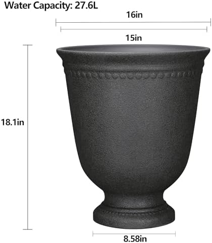 16" Recycled Resin Urn Planter, Weatherproof Drainage Holes, Outdoor Black - Image 2
