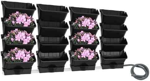 Wall-Mounted Vertical Garden Planter Set – 24 Self-Watering Planters with Drainage Pipe, Stackable Wall Planters for Indoor & Outdoor Use (Black, 16PCS) by Okasiki