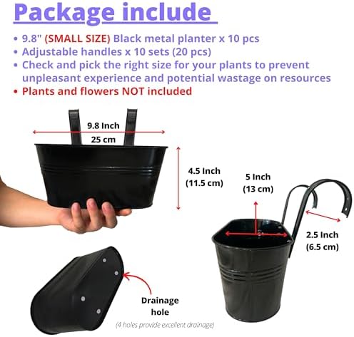 LaLaGreen Rail Planter (9.8 in, 10 Pack) Black Metal Porch Fence Pots - Image 2