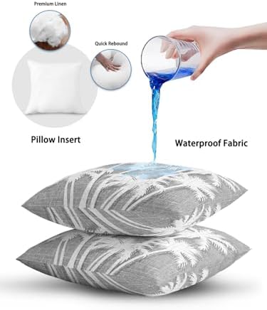 Throw Pillow 16x16 Inch, Coastal Palm Tree Waterproof Outdoor Pillow Covers for Patio with Insert, Tropical Plants Botanical Vintage Gray Decorative Pillowcase Cushion for Couch, Sofa, Bed, Garden - Image 6
