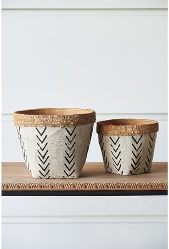 10 x 8 Set of 2 Cement Planters with V Pattern, White and Brown - Image 6