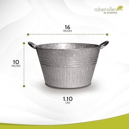 Headwind Decorative Planter - Round Galvanized Tub Planter with Handles – 16 Inch Lightweight Metal Planter with Drainage Hole – Galvanized Steel Tub for Plants - Metal Flower Pot by Robert Allen - Image 2