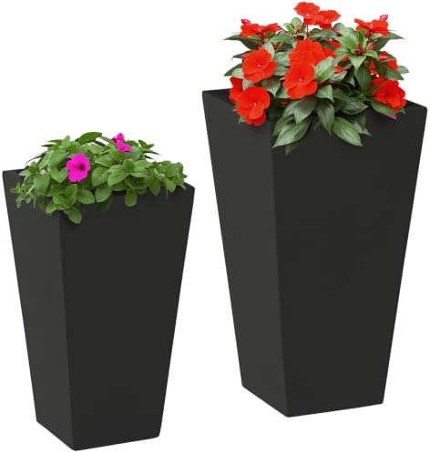 Outsunny 2-Pack Outdoor Planter Set with Drainage Holes, 22in & 18in, Black by Outsunny