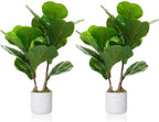 2 Pack Realistic Artificial Fiddle Leaf Fig Trees in Marble-Look Pots – Faux Green Potted Plants for Indoor Home & Office, Cement Moss Base, 40cm by LALFPET-Loveallforpets