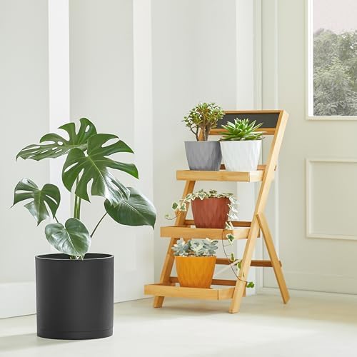 FaithLand 14-Inch Large Modern Cylinder Planter, Thick-Walled Plastic Plant Pot with Drainage Holes and Detachable Saucer, Matte Black, Ideal for Indoor & Outdoor Plants Flowers - Image 6