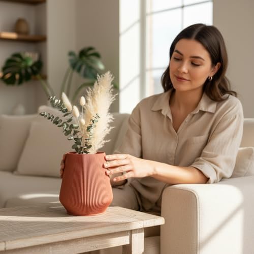 7" Modern Ribbed Planter - Plant-Based Sustainable Vase - Non-Toxic Indoor Pot for Live Plants with Soil or Dried Flowers, Minimalist Decor for Home & Office.(Terracota) - Image 3