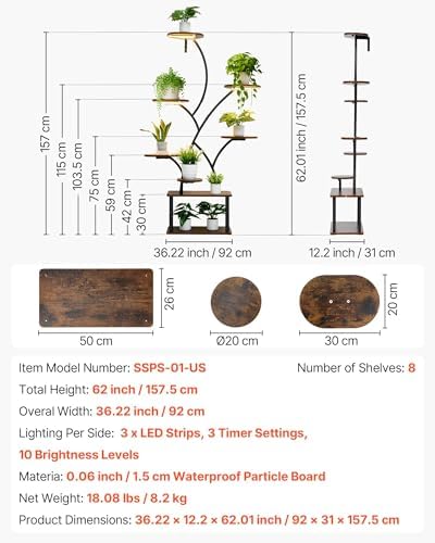 VEVOR Plant Stand Indoor with Grow Lights, 62 in Tall 8-Tier Lighted Plant Shelf, Metal Corner Plants Holder, 3 Timer & 10 Brightness, Tree-Shaped Flower Display Rack for Living Room Balcony Decor - Image 7
