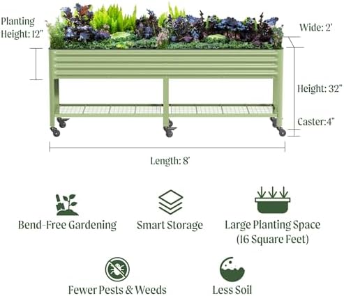 Vego garden Rolling Elevated Raised Garden Bed, 2' x 8' Outdoor Planters Boxes with Legs & Storage Rack for Patio, 1400 Lbs Weight Capacity, Raised Beds for Gardening, Pearl White - Image 2