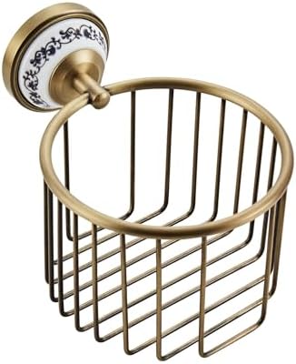 Vintage Wall-Mounted Toilet Paper Holder with Wire Basket Design, Antique Brass, Wall-Mounted Bath Hand Towel Holder with Ceramic Inlay, Vintage Style. by Kelelife