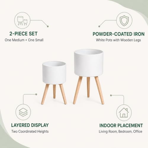 2 Pack Plant Stand Indoor Metal Planter Holder Wooden Leg Modern White - Image 5