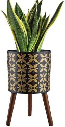 10 Inch Plant Pot with Stand, Planter for Indoor Plant Mid-Century with Drainage Holes for Outdoor,Black and Gold by nacltlo