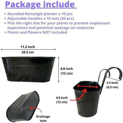 LaLaGreen Outdoor Plants Rail Planter (11.2 Inch, 10 Pack) Black Metal Iron Hanging Flower Pots Deck Railings Fence Buckets Modern Boho Style Wall Mount Window Box Plant Holder Hooks Porch Home Decor - Image 3