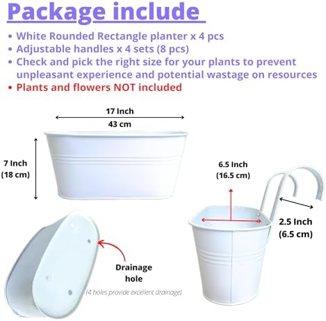 LaLaGreen Large Rail Planter (17 in, 4 Pack) White Metal Balcony Fence Pots - Image 2