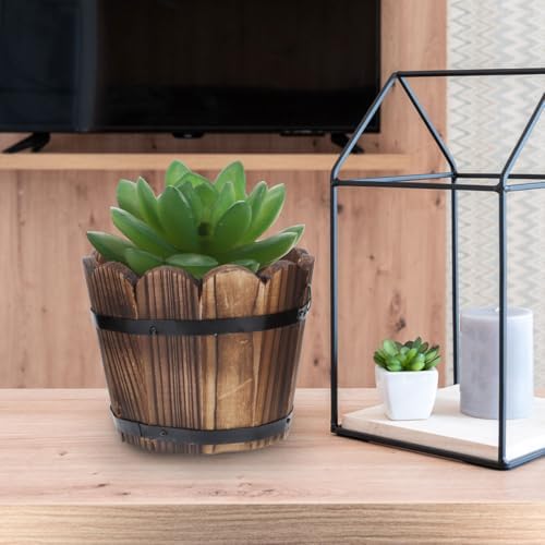 ARTIBETTER 2pcs Wood Vegetable Pot Barrel Planter Box with Handle, Medium Round Succulent Flower Planter for Outdoor Garden Patio, Carbonized Solid Wood Whiskey Barrel Decor - Image 4
