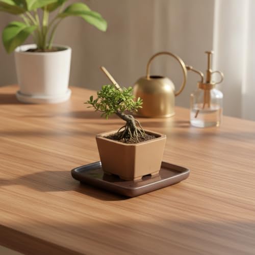 Square Ceramic Bonsai Pot Tray - Brown Glazed Saucer for Water Retention & Desk Protection, Solid Clay Base for Indoor Plant Displays - Image 2