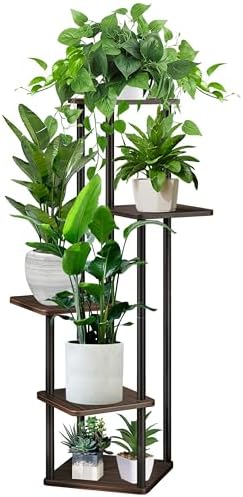 5 Tier Plant Stand Indoor, Thickened Metal Wood Corner Plant Shelf Stands for Multiple Plants, Indoor Tall Plants Stand Tiered Flower Holder for Living Room Patio Garden Balcony(Black+Oak) by YOCOMEY
