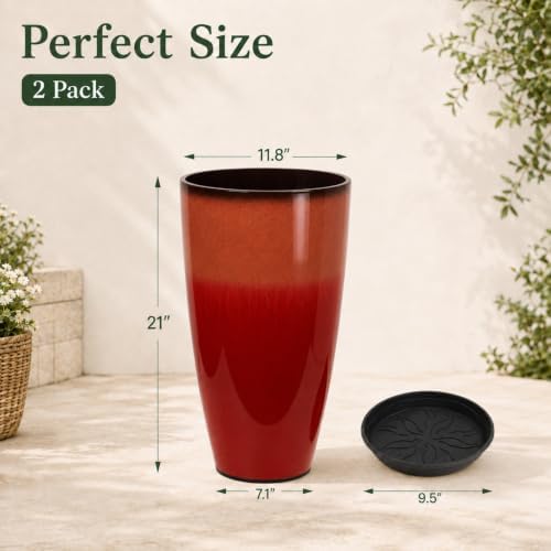 Neoaider Set of 2 Tall Planter, 21 inch Large Plastic Planter, Firey Red - Image 3