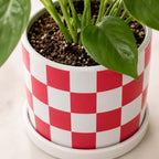 Checkered Ceramic Planter Pot with Drainage Hole and Saucer, Black and White Planters Decor,Indoor Cylinder Round Planter Pot (Red, Medium) - Image 6