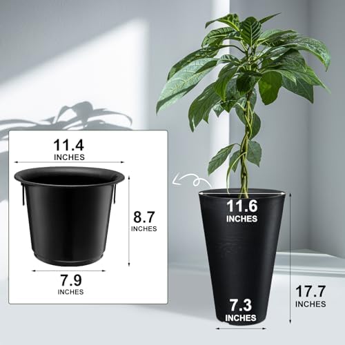 Sieral Set of 2 Tall Outdoor Planters 12 x 18 Inch Large Resin Outdoor Planters for Front Porch Flower Round Floor Decorative Indoor Pots with Drainage(Black) - Image 3