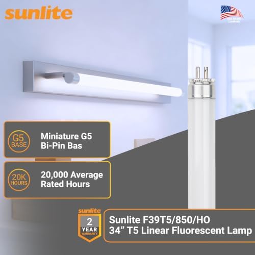 Sunlite 30429 F39T5/850/HO 34-Inch T5 Linear Fluorescent Lamp, 39 Watts, 3100 Lumens, 6500K Daylight, Miniature G5 Bi-Pin Base, ROHS Compliant, High Performance Straight Tube, 40 Pack - Image 2