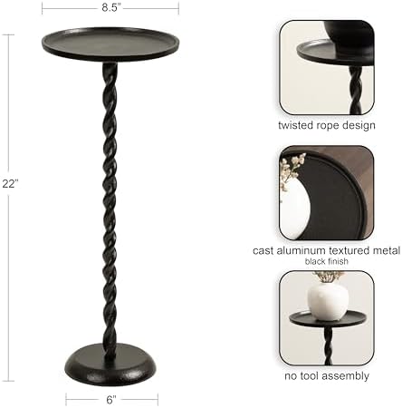 Kate and Laurel Ropa Transitional Round Pedestal Drink Table, 9 x 9 x 22, Black, Decorative Cast Aluminum Mini Table with Spiral Rope Design for Use as Indoor Plant Stand or Living Room Accent - Image 3