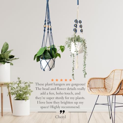 Set of 2 Macrame plant hanger with Daisies & Beads | Hanging plant holder Macrame Plant hangers outdoor and indoor hanging planters Plant stand indoor Boho Decor hanging planter stand (Peacock Blue) - Image 3