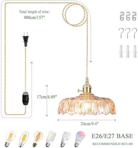 Plug in Pendant Light Fixtures,Amber Glass Lampshade Pendant Lighting 9.4in E26 Hanging Light FixtureCorded On/Off Switch for Kitchen Island, Bedroom, Dining Room - Image 2