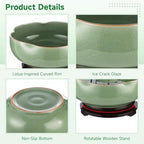 Ceramic Lotus Bowl Planter with Wood Tray, 7.8 in Green Water Lily Planter Pot, Hole Free Hydroponic Bowl, Ice Crack Glaze Flower Bowl for Lotus, Aquatic Plants, Bonsai, Desk Decor - Image 3