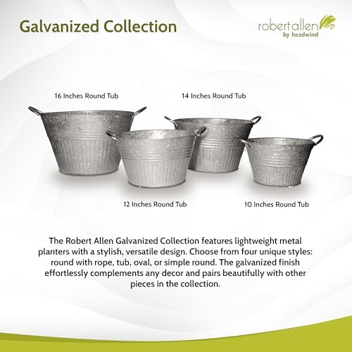 Headwind Decorative Planter - Round Galvanized Tub Planter with Handles – 10 Inch Lightweight Metal Planter with Drainage Hole – Galvanized Steel Tub for Plants - Metal Flower Pot by Robert Allen - Image 4