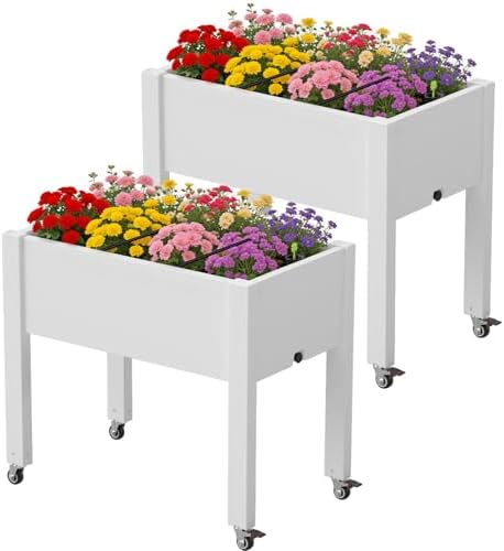 2 Pack Raised Garden Bed with Wheels, Resin Raised Planter Box Outdoor with Drainage System, Large Herb Garden Planter Set for Backyard Patio Balcony, Ashen (17.7" D x 30" W x 26.3" H Each) by NBYSGO