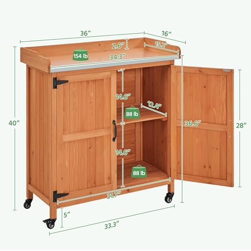 Yaheetech Rolling Potting Bench Outdoor Storage Cabinet, Metal Top, Brown - Image 4