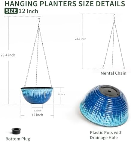 12 inch Large Hanging Planters for Indoor Outdoor Plants, Set of 2 Glazed Hanging Flower Pots with Drainage Hole, Hanging Baskets for Garden Home Porch Decor - Image 2