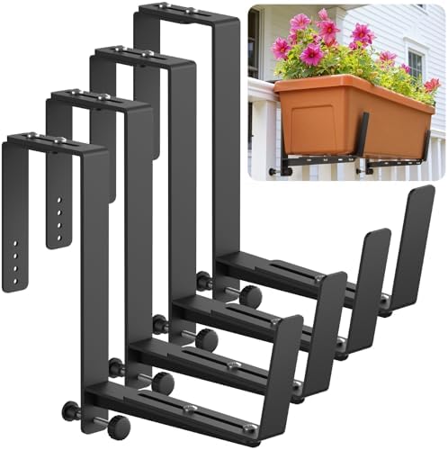 VOXOR Window Box Brackets, Adjustable Planter Box Brackets, Heavy Duty Iron Flower Box Brackets for Railings, with Enhanced Bottom Support - Perfect for Balconies, Fences, and Gardens (Black, 4 Pack) by VOXOR
