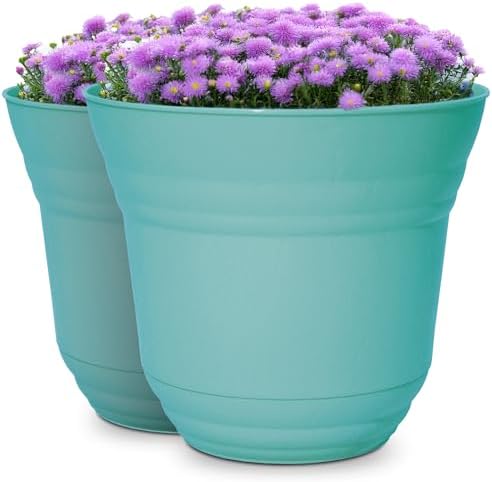 Headwind Traverse Planters – 14" 2 Pack Plastic Plant Pot in Surf Light Blue - Indoor & Outdoor Pots for Plants with Drainage - Decorative Plant Pot, Flower Pots Outdoor for Garden by Robert Allen by Headwind