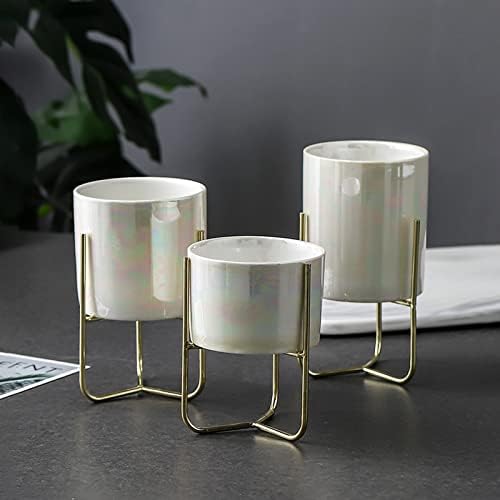 HASMI Plant pots Set of 3 Ceramic Flower pots with Metal Rack Desktop Flower Vases Planters for Succulents Home Gardening Decoration Without Hole Flower Pots (Color : 1) - Image 4
