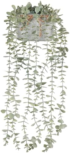 Mkono Fake Hanging Plant with Pot and Fake Hanging Plants in Farmhouse Galvanized Pots by Mkono
