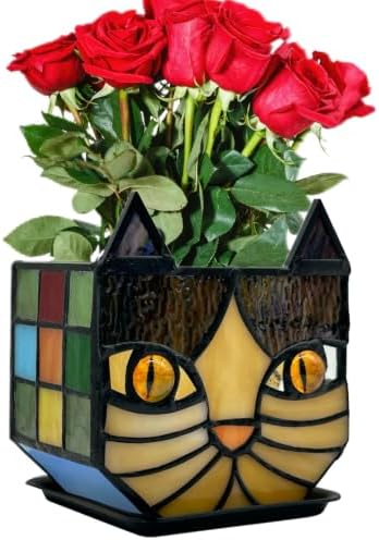 Yellow Cat Plant Pot with Drainage,Cute Planters for Indoor Plants,Stained Glass Cat Flower Pots,Fun Candle Holder Glass Container,Gifts for Gardeners Woman by Entlityful