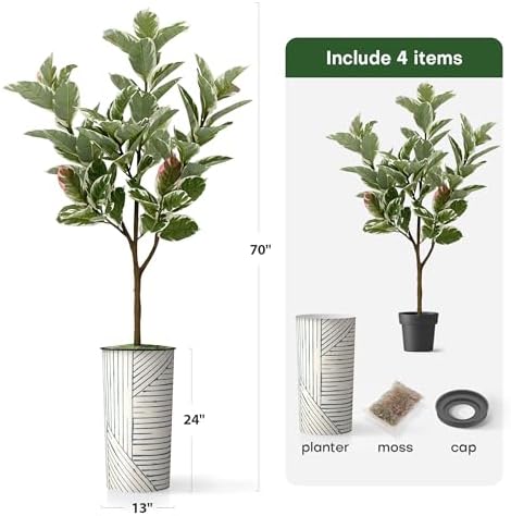 Artificial Tree in Geometric Pattern Planter, Fake Rubber Silk Tree for Indoor and Outdoor Home Decoration - 70" Overall Tall (Plant Pot Plus Tree) - Image 5