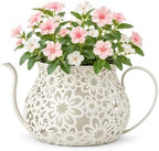 White Antique Metal Teacup Planter for Outdoor Plants Teapot Planter Floral Hollow Out Decorative Rustic Iron Flower Pot for Summer Garden Patio Home Decor by Unknown